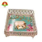Premium Metal Fancy Decorative Tray with Cow Design | Decorative Serving Tray | Pooja & Gift Tray