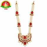 Pure Brass Haram Set for Ammavari Alankaram | Red Pagadam, White Stones & Pearl Goddess Jewellery | 10 x 15 Inches