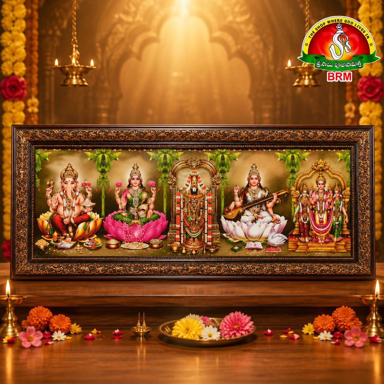 5-in-1 Large Devotional Matte Finish Photo Frame – Balaji, Lakshmi Devi, Ganesh, Saraswathi & Subramanya Swamy (40 × 16 Inch)