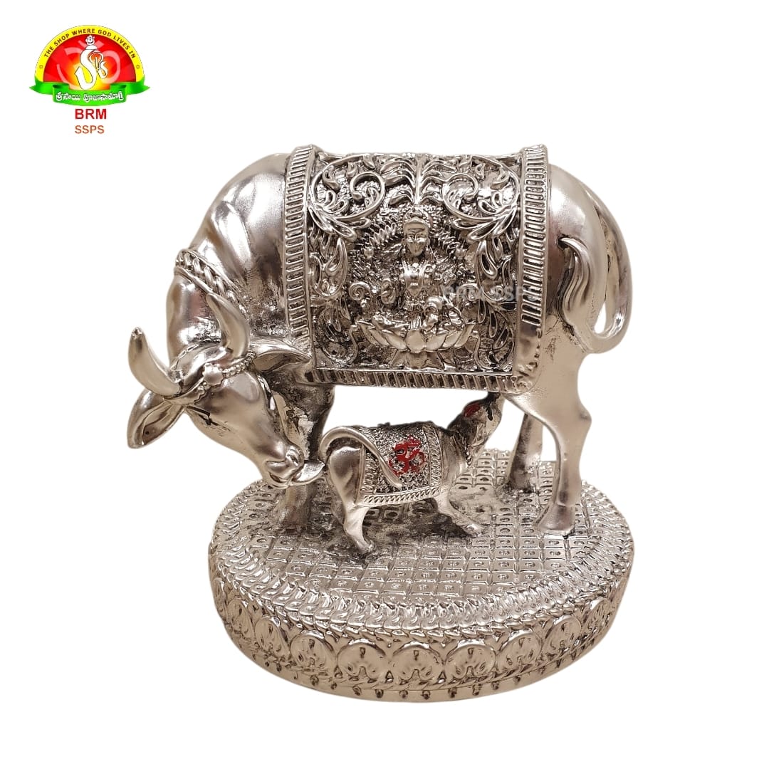 Pure Silver Plated Cow and Calf Idol for Pooja & Spiritual Decor