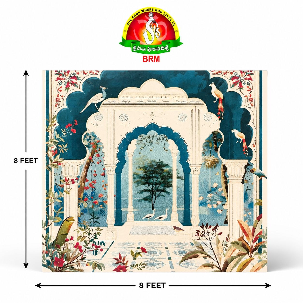 Royal Pichwai Haveli Pooja Backdrop Cloth | Mughal Garden Arch Design | 8×8 Feet
