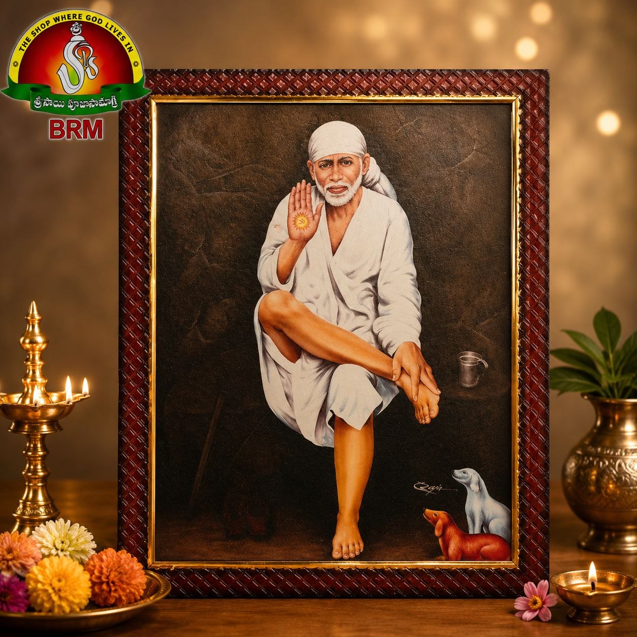 Sai Baba White Attire Matte Finish Photo Frame – 14 x 10 Inch | Shirdi Sai Baba Divine Wall Frame