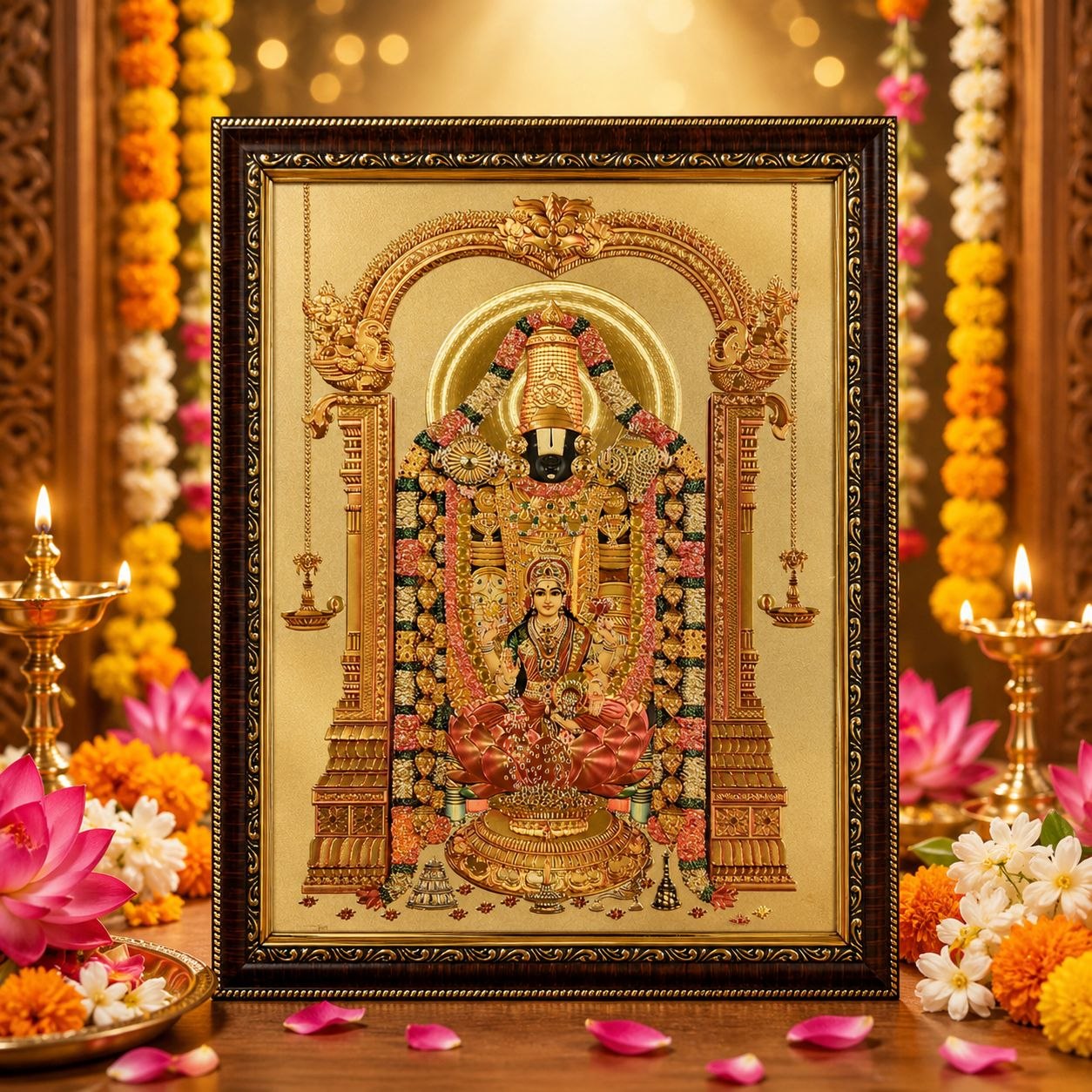 Lord Balaji & Goddess Lakshmi Devi Gold Sheet Photo Frame – 14 × 18 Inch