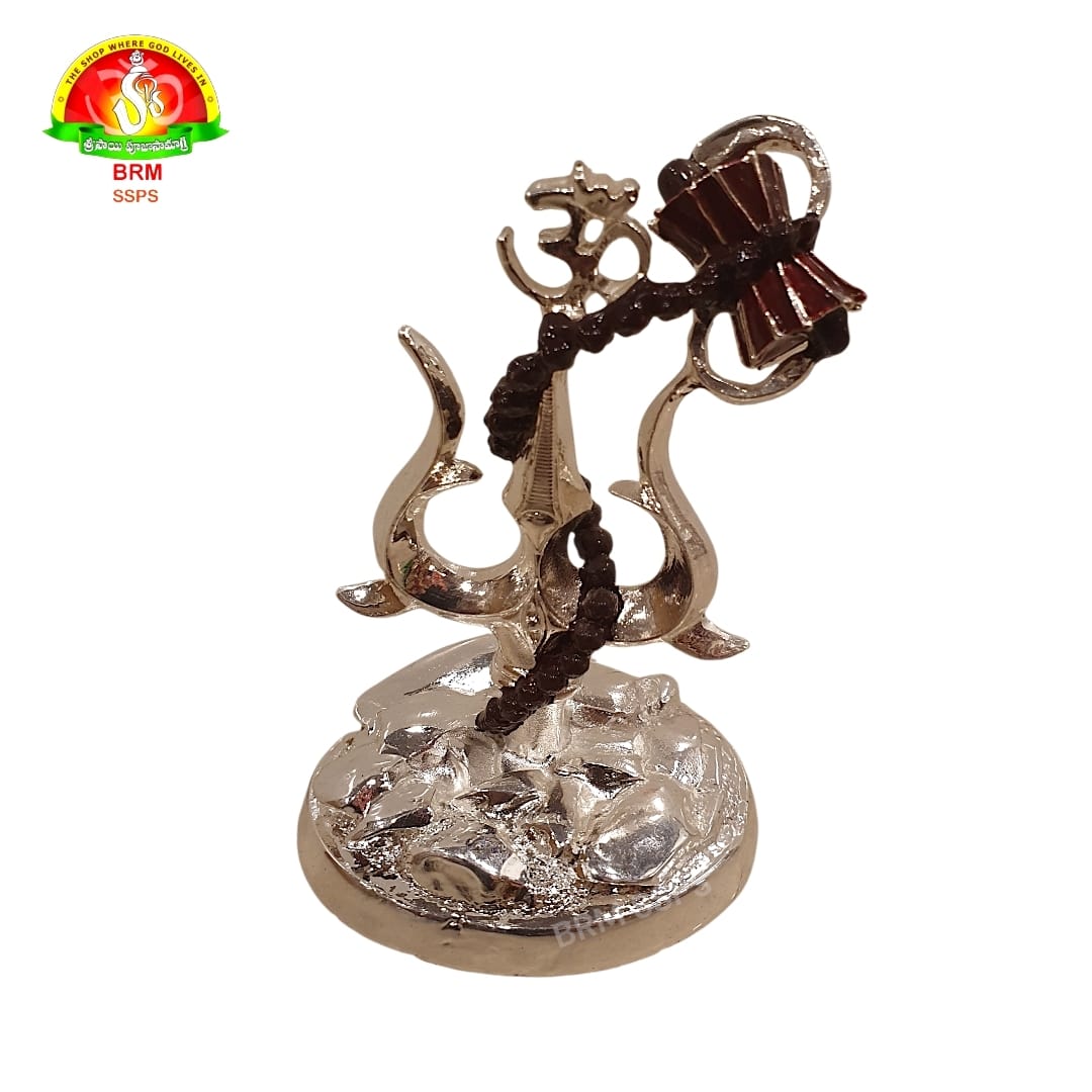 Pure Silver Plated Shiva Trishul with Damru & Rudraksha Idol