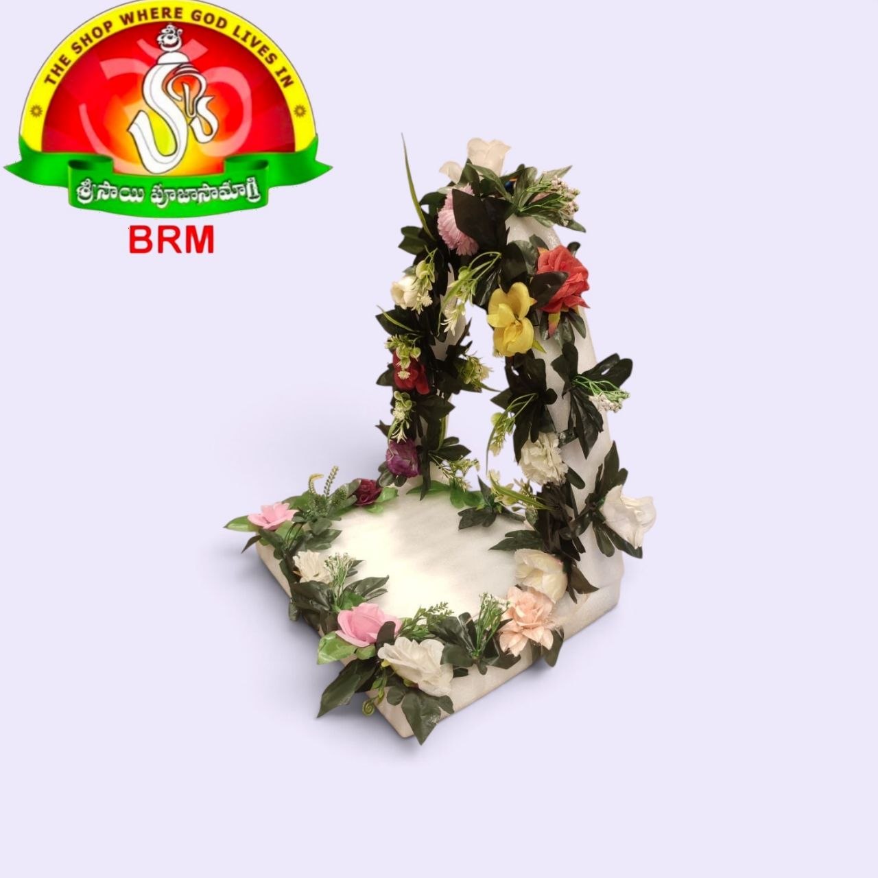 Detachable Foam Flower Arch for Pooja Decoration | Red, White, Yellow & Orange Plastic Flowers with Green Leaves