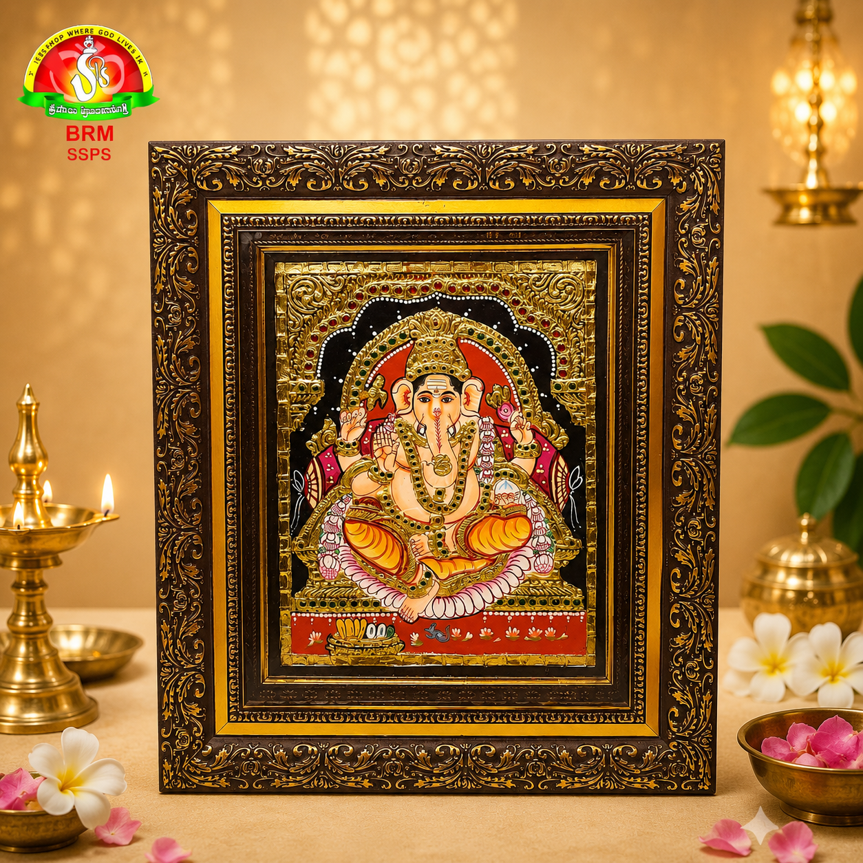 Premium Tanjavur Ganesha Photo Frame – Traditional Gold 24-carat gold painting