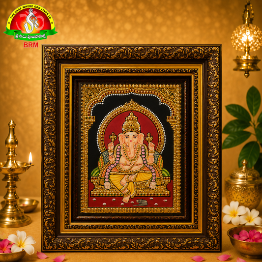 Premium Tanjavur Ganesha Photo Frame – 14 × 12 Inch Traditional  24-Carat Gold Painting