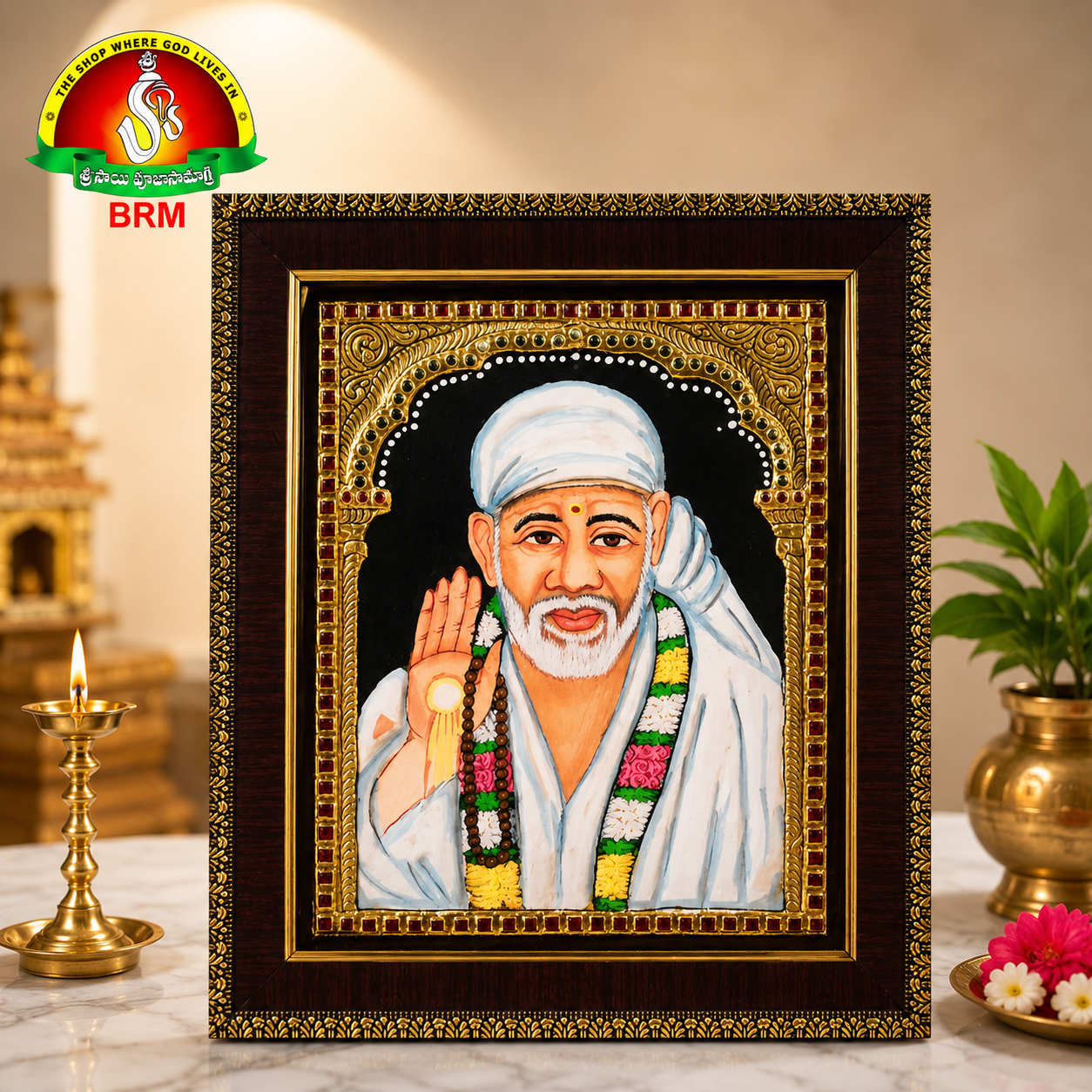 Premium Tanjavur Sai Baba Photo Frame – 12 × 10 Inch Traditional 24-Carat Gold Painting