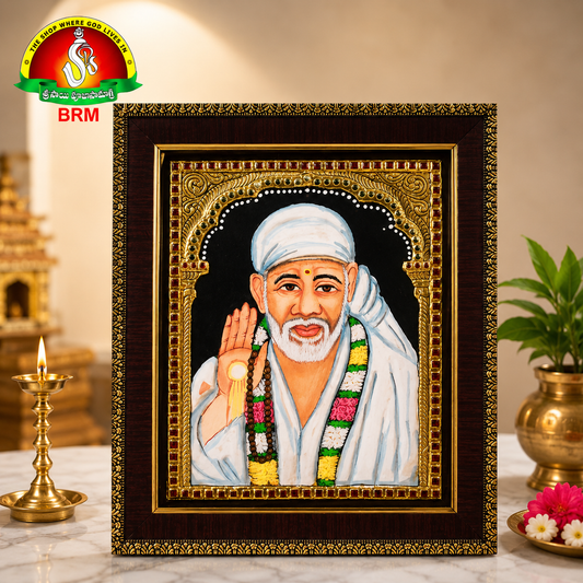 Premium Tanjavur Sai Baba Photo Frame – 12 × 10 Inch Traditional 24-Carat Gold Painting