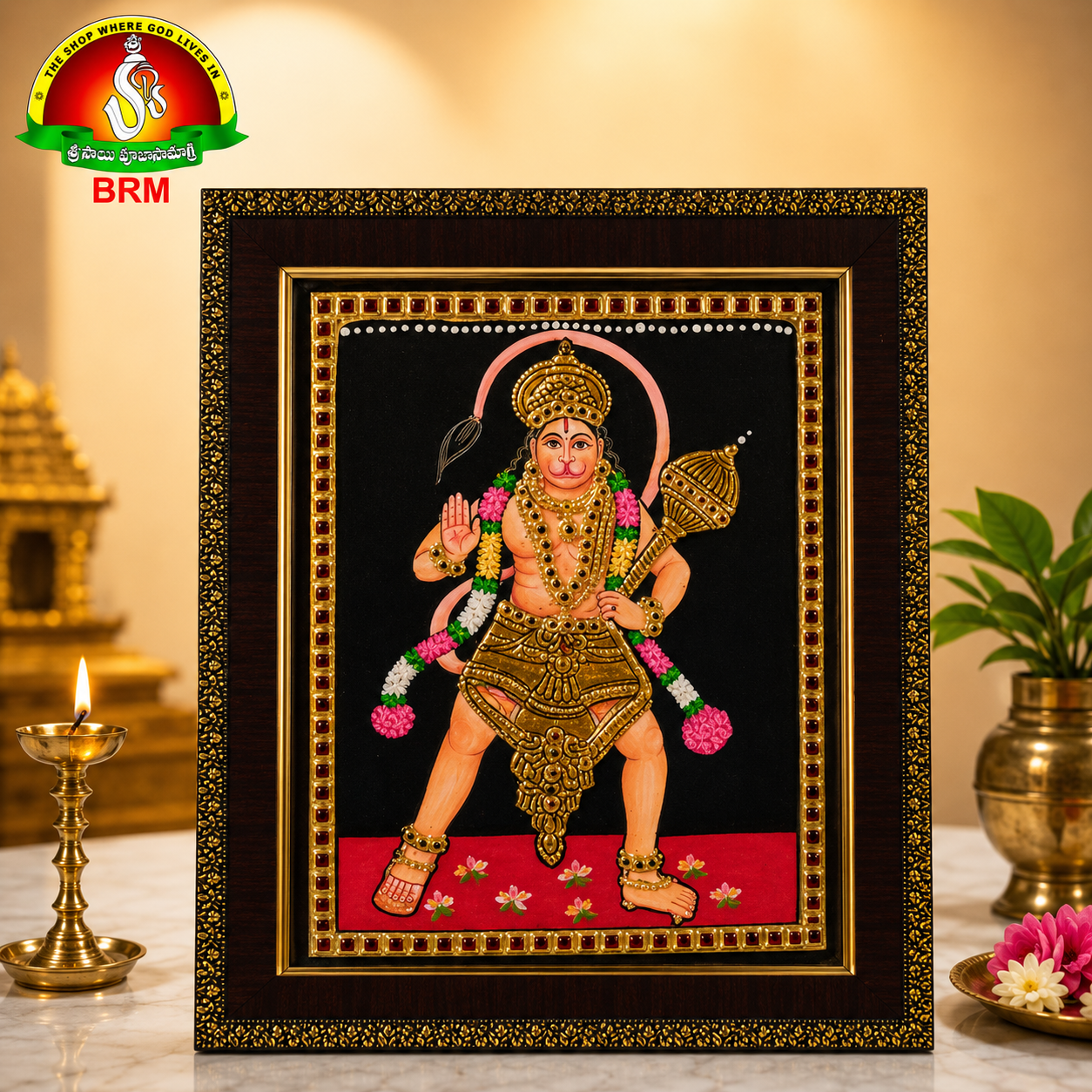 Premium Tanjavur Hanuman Photo Frame – Traditional 24-Carat Gold Painting