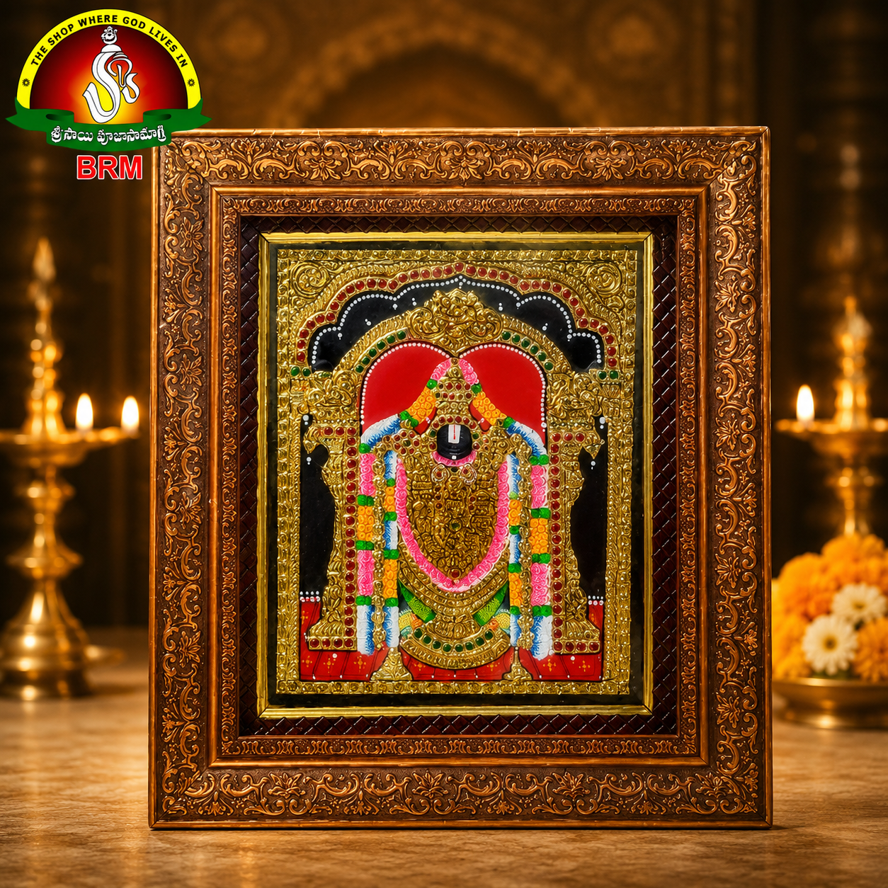 Premium Tanjavur Balaji Photo Frame – 14 × 12 Inch Traditional 24-Carat Gold Painting