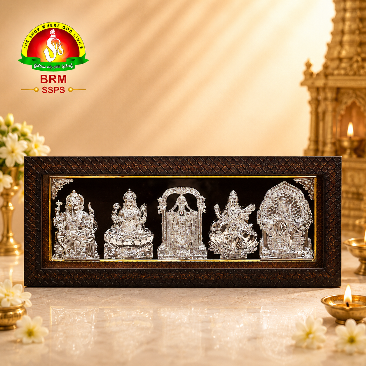 Ganesh Lakshmi Balaji Sarasvati Saibaba 5 in 1 Pure Silver Plated Photo Frame