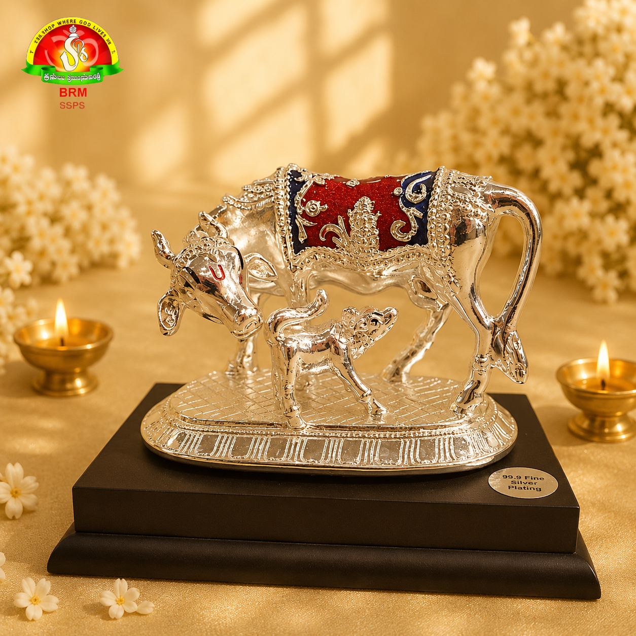 Silver Plated Cow and Calf on Marble Powder Idol for Pooja & Spiritual Decor