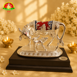 Silver Plated Cow and Calf on Marble Powder Idol for Pooja & Spiritual Decor