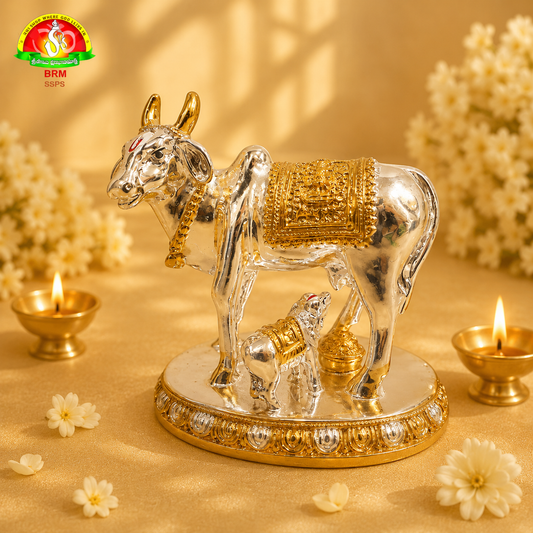 Pure Gold & Silver Plated Cow and Calf Idol for Pooja & Spiritual Decor