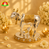 Pure Gold & Silver Plated Cow and Calf Idol for Pooja & Spiritual Decor