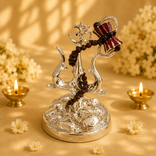 Pure Silver Plated Shiva Trishul with Damru & Rudraksha Idol