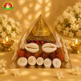 Sri Yantra Vastu Pyramid with Gomathi Chakra, Rudraksha & Lakshmi Cowrie for Positive Energy