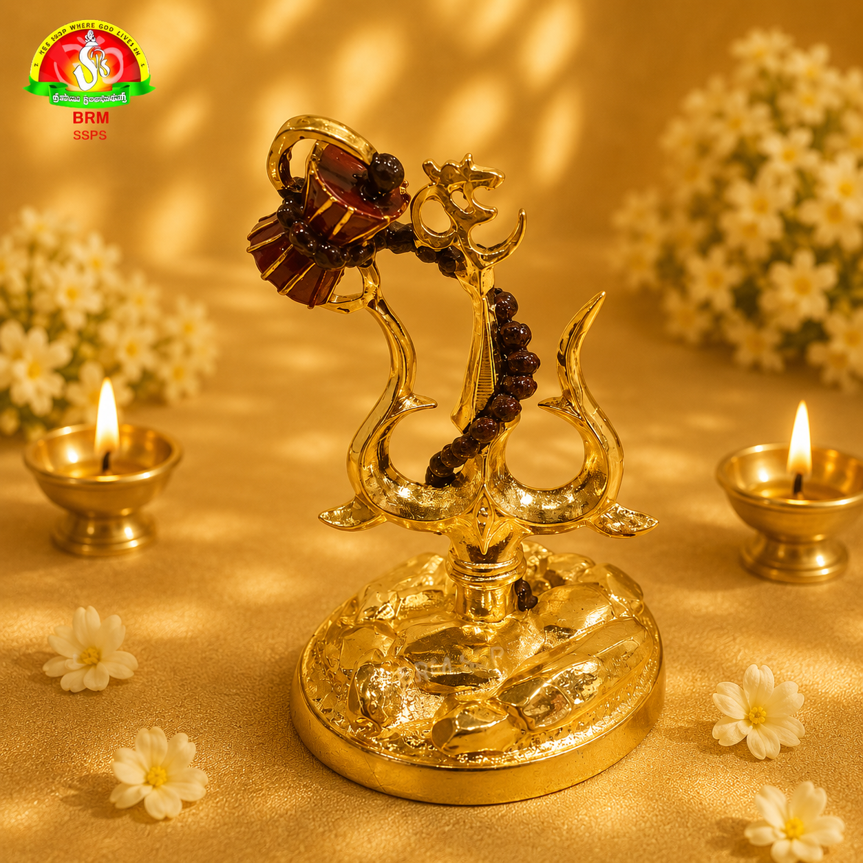 Pure Gold Plated Shiva Trishul with Damru & Rudraksha Idol for Pooja & Spiritual Decor