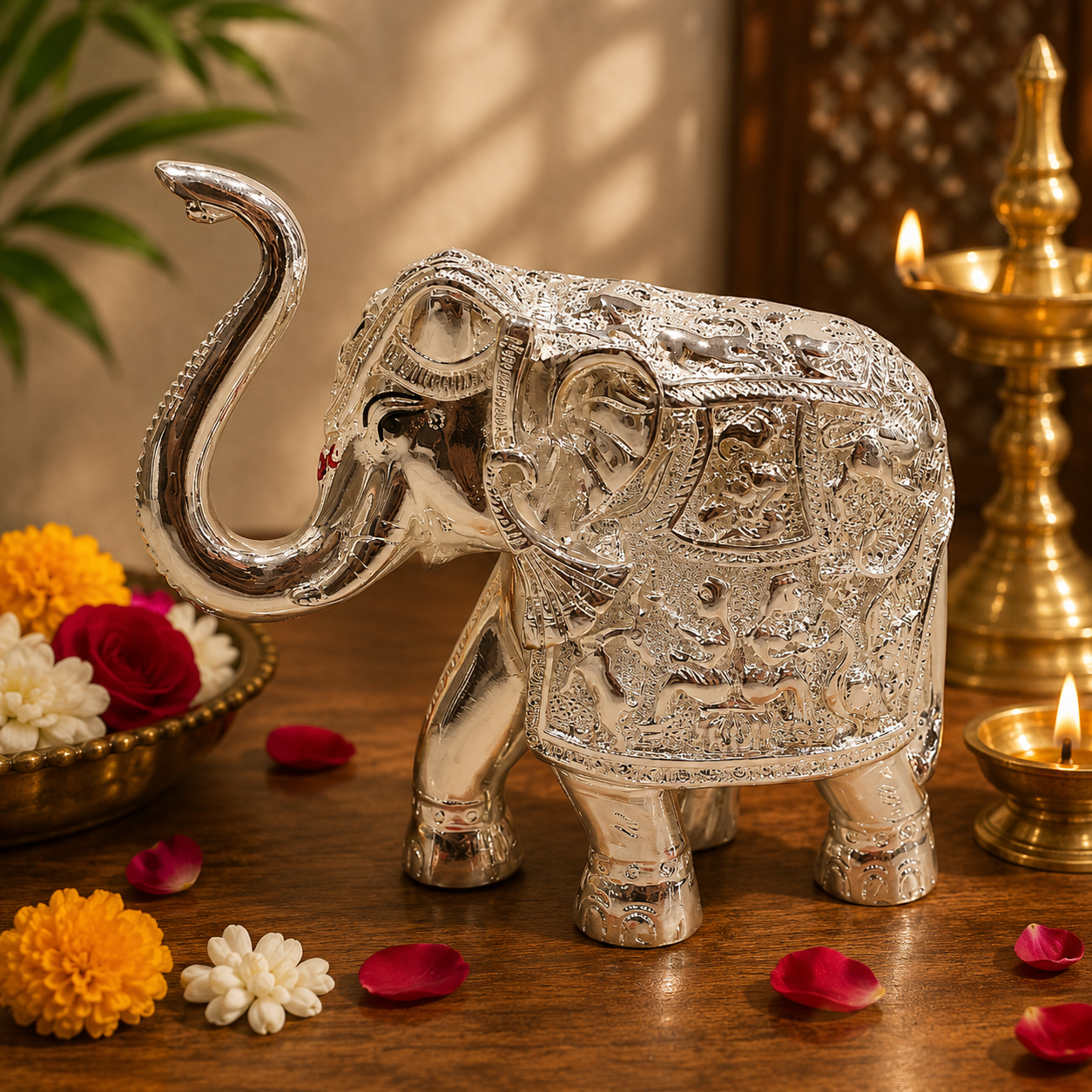 Pure Silver Plated Elephant Idol for Lakshmi Pooja & Home Decor