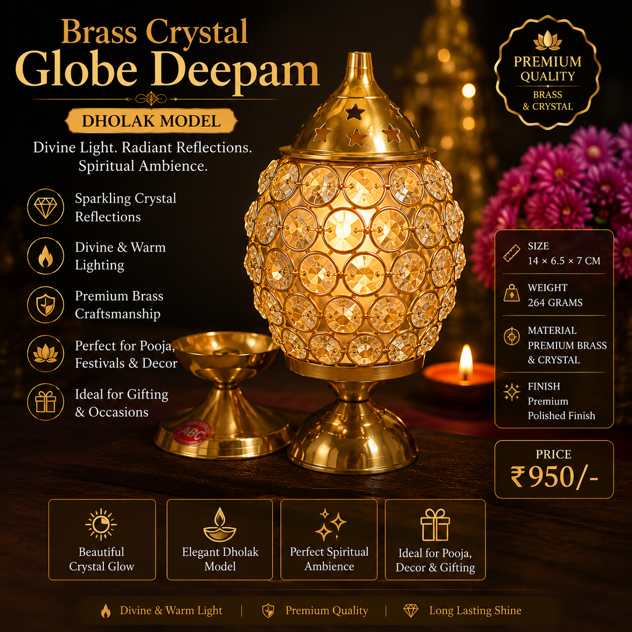 Brass Crystal Globe Deepam (Dholak Model) for Pooja & Spiritual Decor