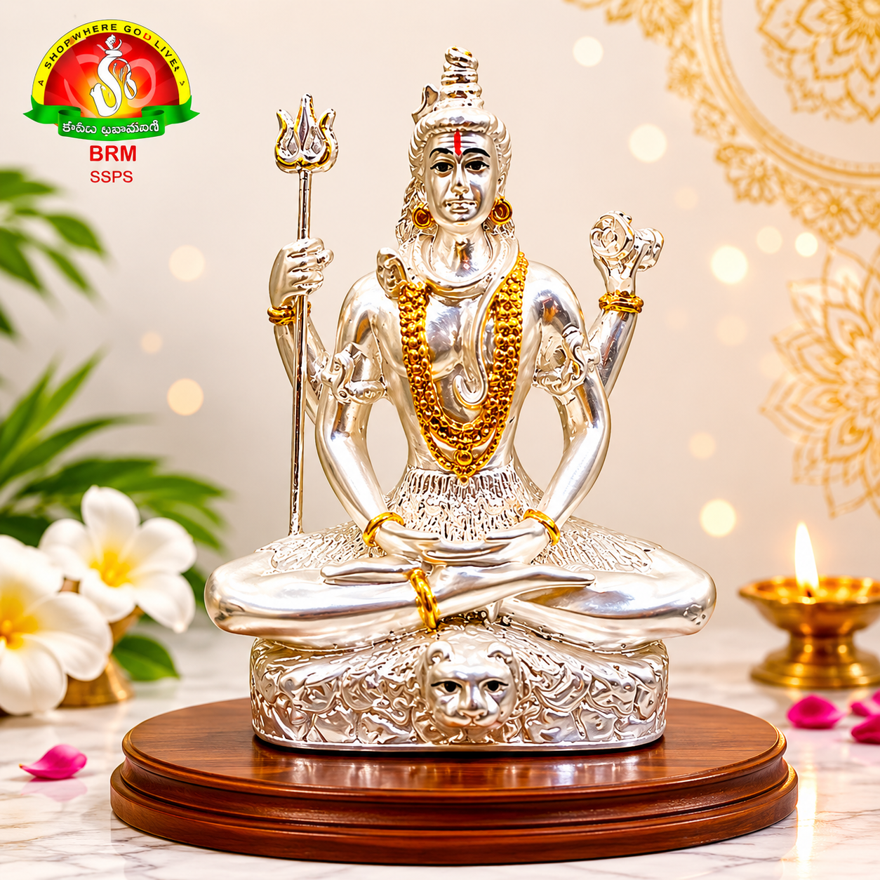 Premium Brass Powder Shiva Idol with Pure Silver Foil Plating – (7cm)