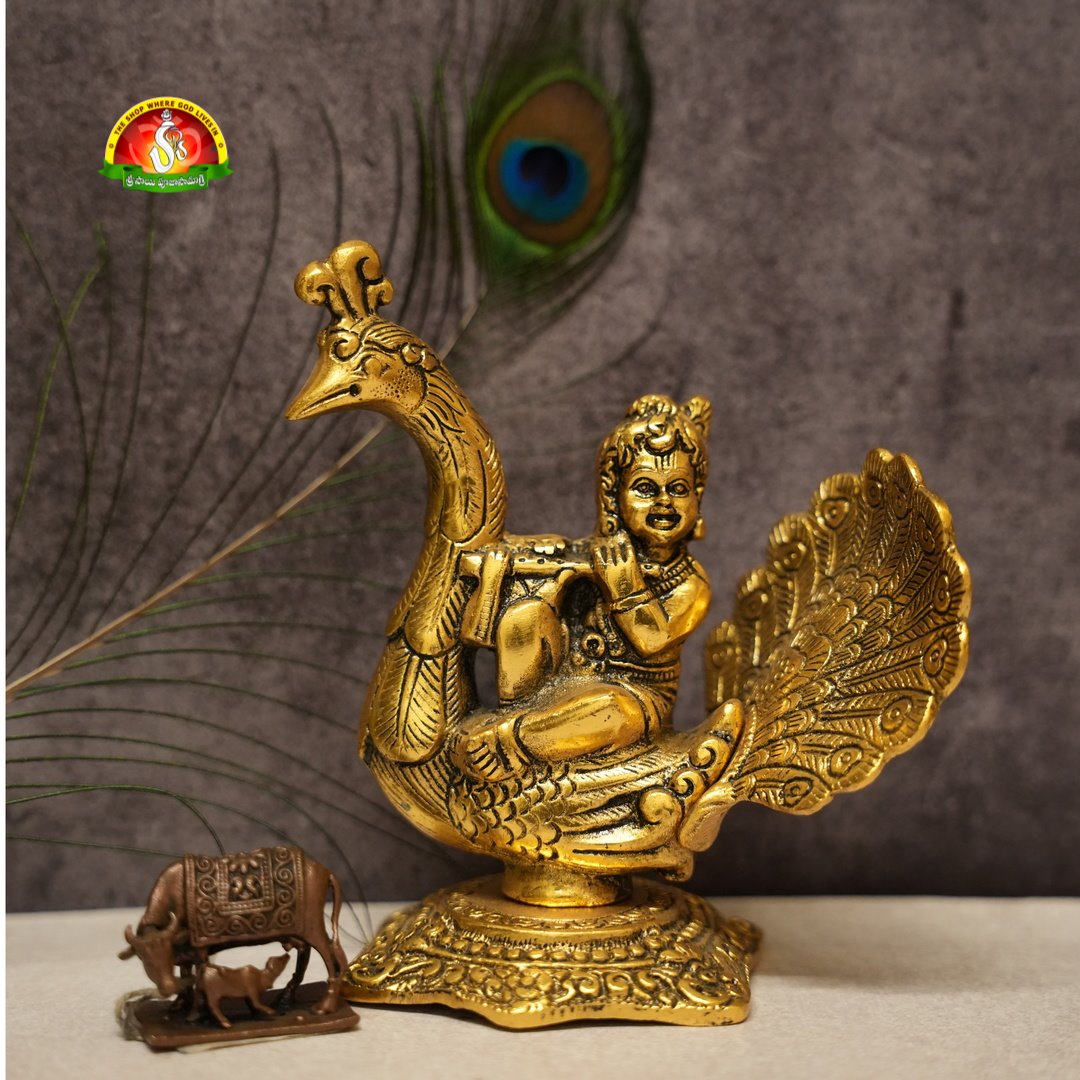 Premium Metal Peacock Krishna Idol – Elegant Radha Krishna Style Spiritual Décor