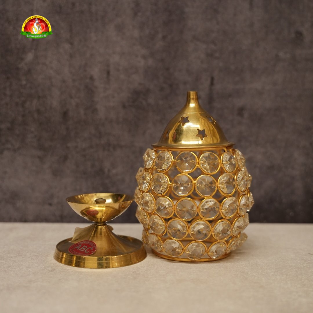 Brass Crystal Globe Deepam (Dholak Model) for Pooja & Spiritual Decor