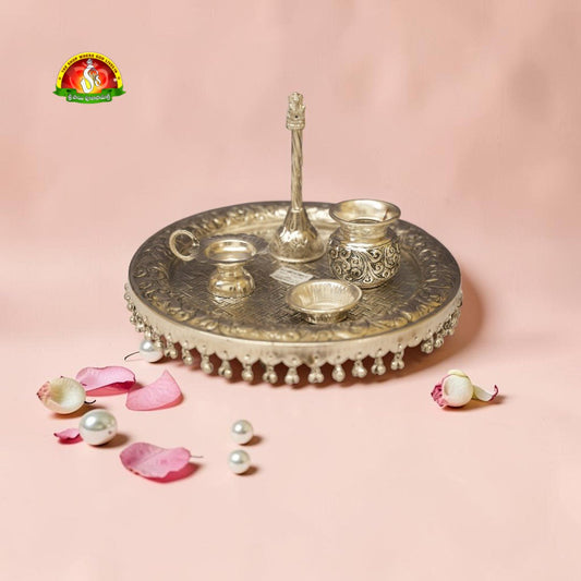 Premium German Silver Pooja Thali Set with Kalash & Diya