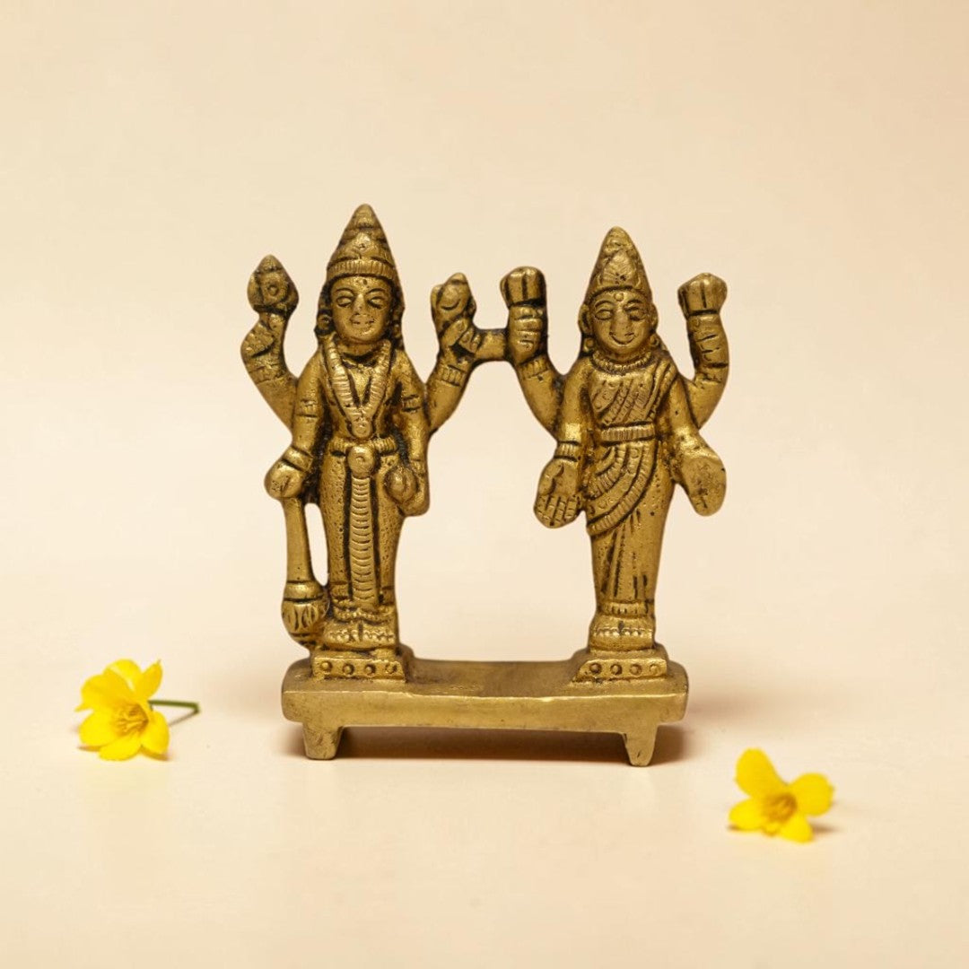 Vishnu Lakshmi Brass Idol for Home Temple – Premium Brass Murti (6cm, 100g)