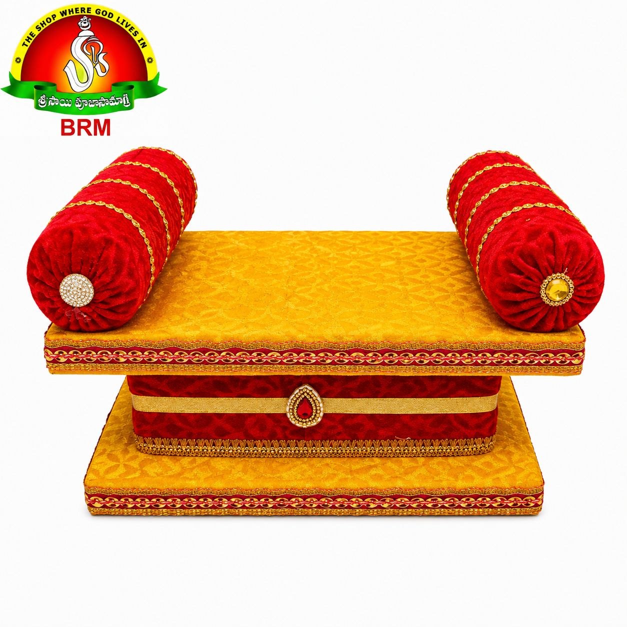 Fancy Velvet Simhasanam Sofa for Varalakshmi Vratham | Yellow & Red with Gold Border