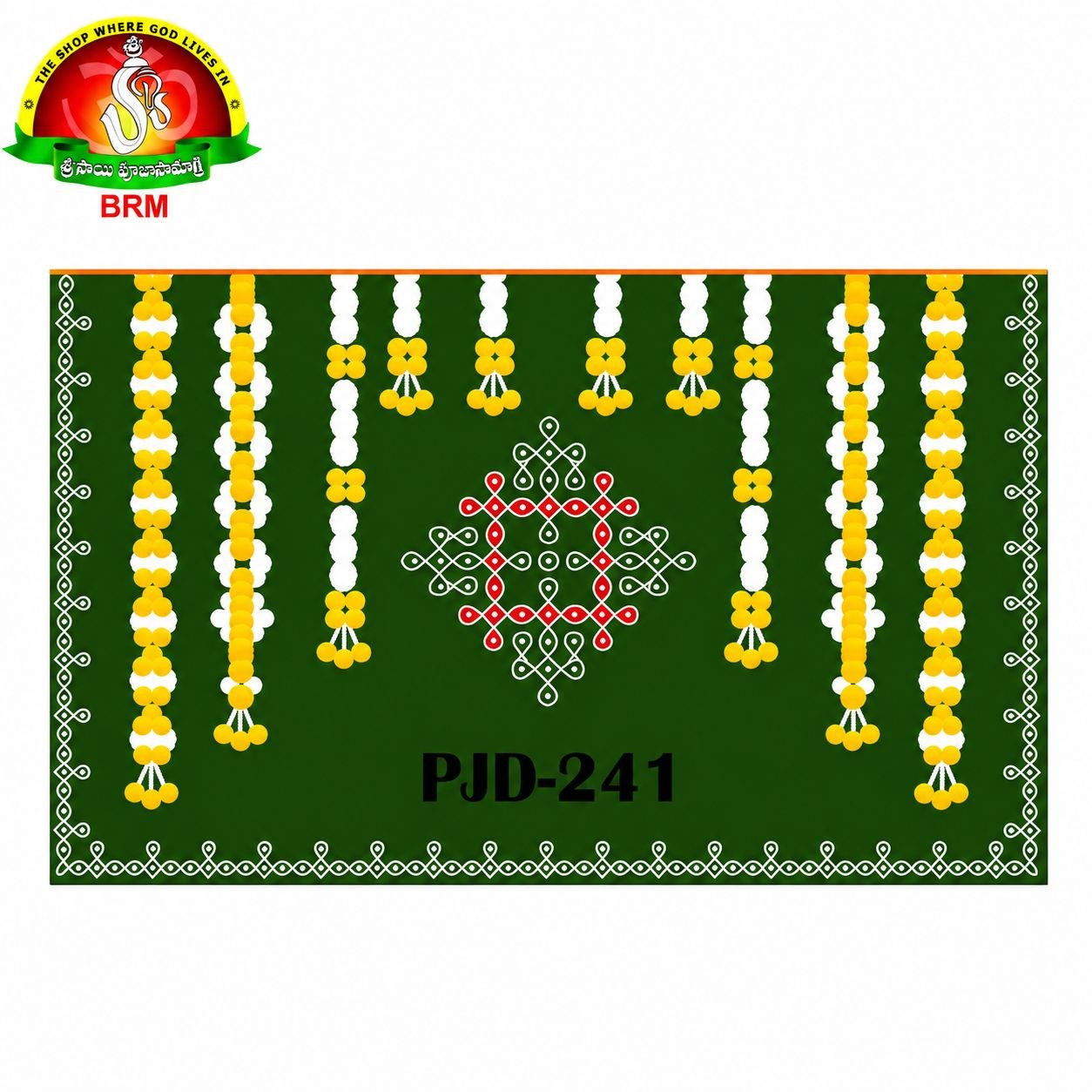 Flower Hanging with Muggu Design on  Pooja Backdrop Cloth – Green Background | Horizontal 8 × 5 Feet