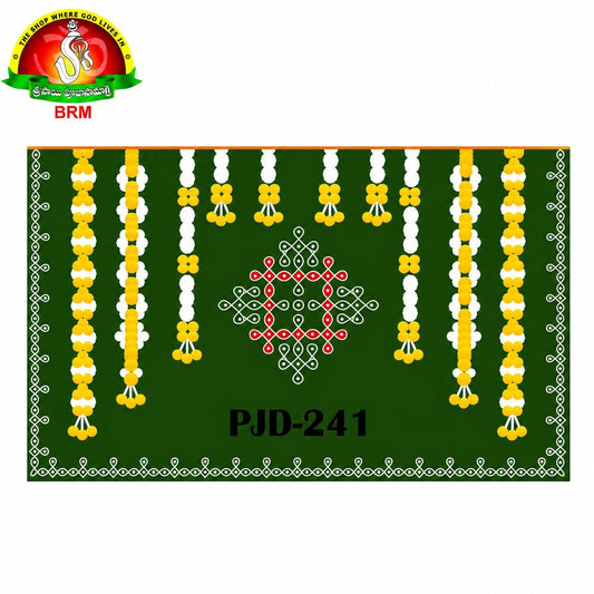 Flower Hanging with Muggu Design on  Pooja Backdrop Cloth – Green Background | Horizontal 8 × 5 Feet