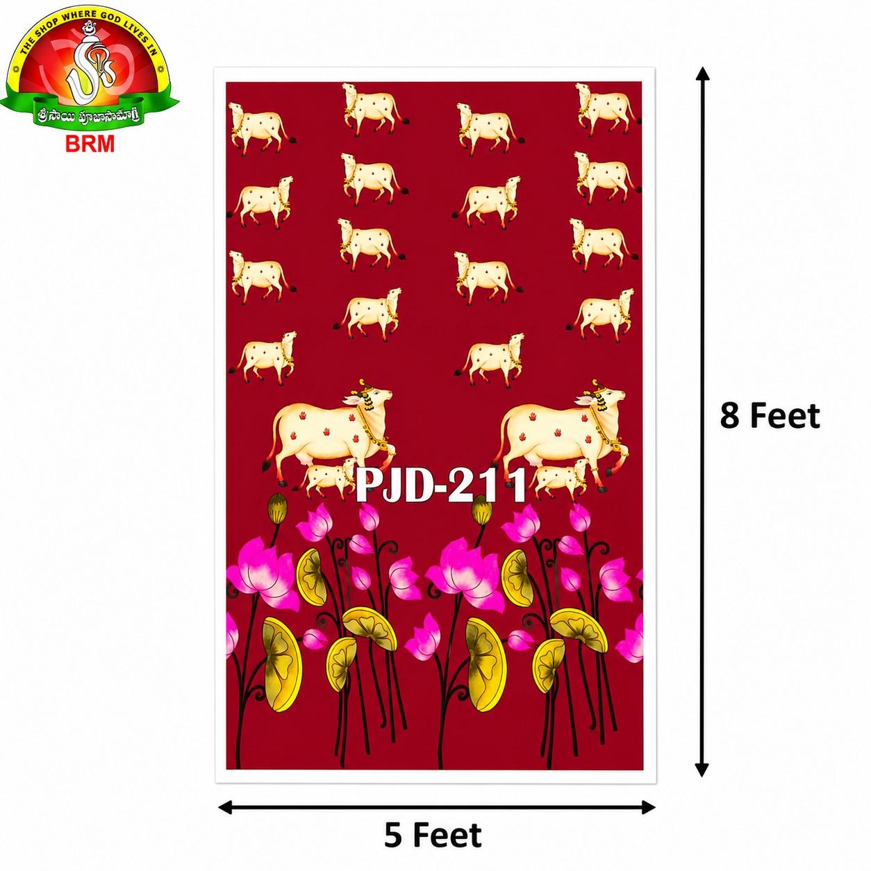 Cow & Lotus Plant Design Pooja Backdrop Cloth – Maroon Background | 5 × 8 Feet