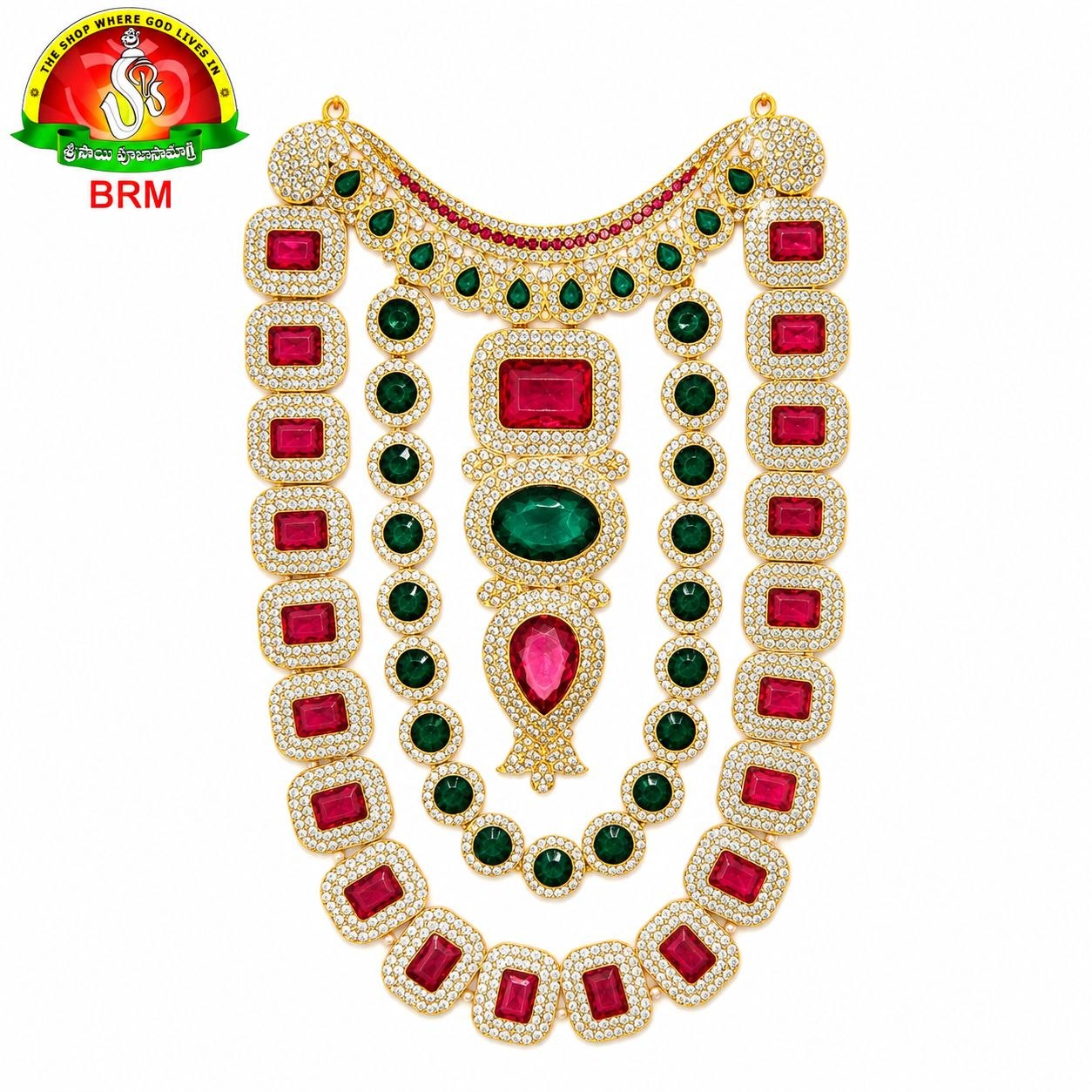 Three Step Pure Brass Haram Set for Ammavari Alankaram | Pink, Green & Red Pagadam with White Stones | Goddess Jewellery