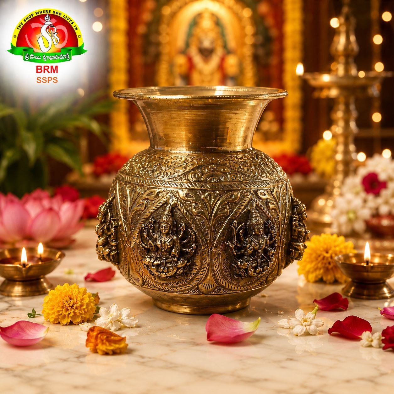 Brass Antique Ashta Lakshmi Lota – Traditional Sacred Kalash for Pooja & Spiritual Rituals