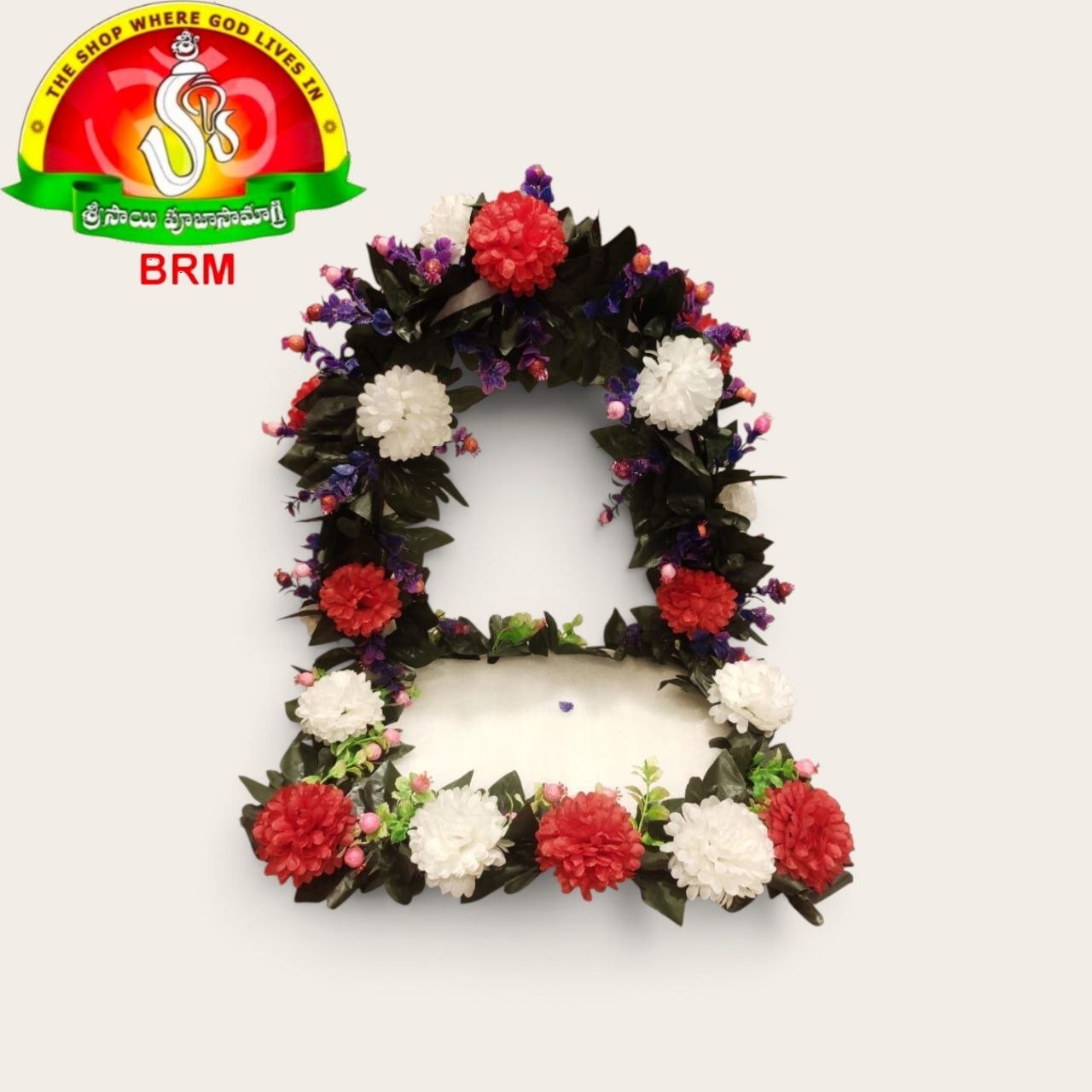 Detachable Foam Flower Arch for Pooja Decoration | Red, White, Deep Violet & Pink Plastic Flowers with Green Leaves