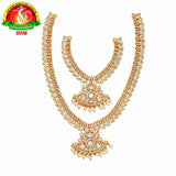Two Step Pure Brass Haram Set for Ammavari Alankaram | White Stones & Pearl Goddess Jewellery | Large & Small Haram Set