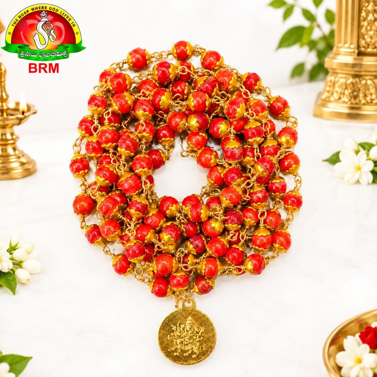 Coral Beads with Gold Cups Big Size Mala | Traditional Pooja Mala
