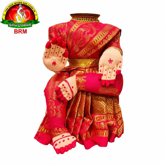 Ammavari Body Stand with Wooden Peeta | Red Sari with Gold Border & Gold Cloth Bangles | 4 Sizes