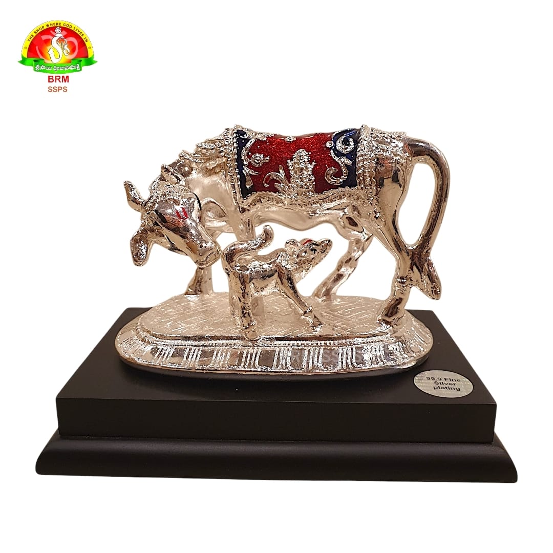 Silver Plated Cow and Calf on Marble Powder Idol for Pooja & Spiritual Decor