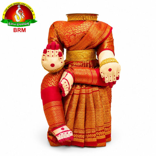Varalakshmi Devi Idol Body Stand with Red Saree & Gold Border | Ammavari Alankaram Wooden Peeta Stand