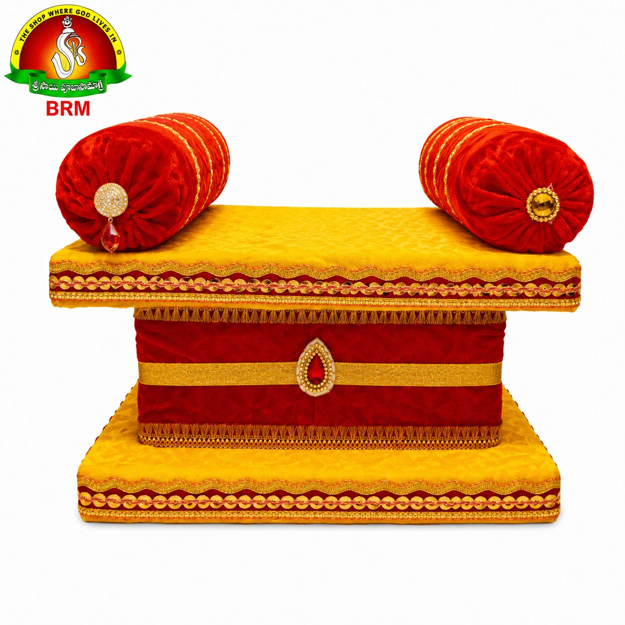 Fancy Velvet Simhasanam Sofa for Varalakshmi Vratham | Yellow & Red with Gold Border