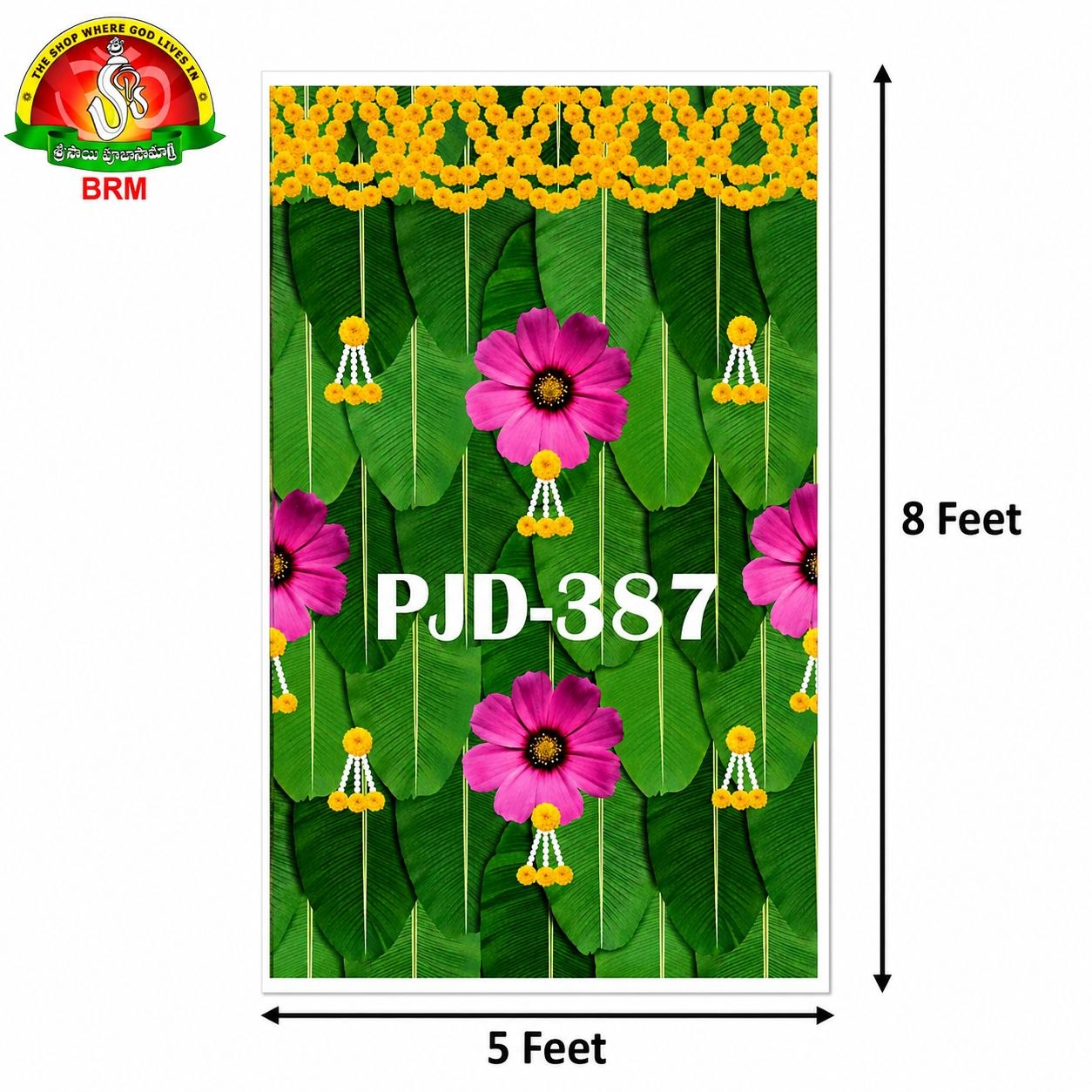 Banana Leaves Background with Flower Decoration Pooja Backdrop Cloth – 5 × 8 Feet