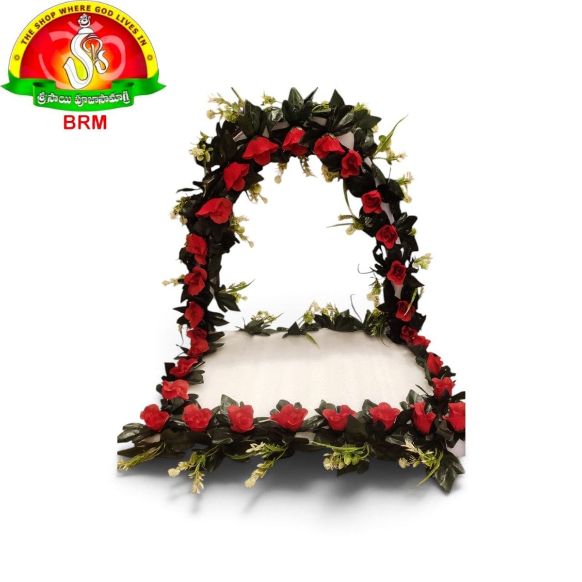 Detachable Foam Flower Arch for Pooja Decoration | Red Rose Plastic Flowers with Green Leaves