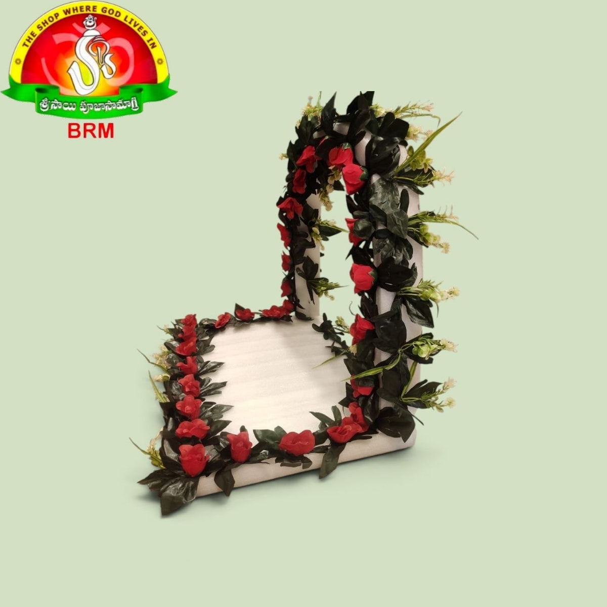 Detachable Foam Flower Arch for Pooja Decoration | Red Rose Plastic Flowers with Green Leaves