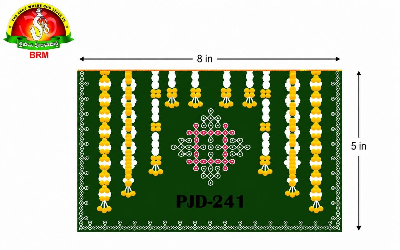 Flower Hanging with Muggu Design on  Pooja Backdrop Cloth – Green Background | Horizontal 8 × 5 Feet